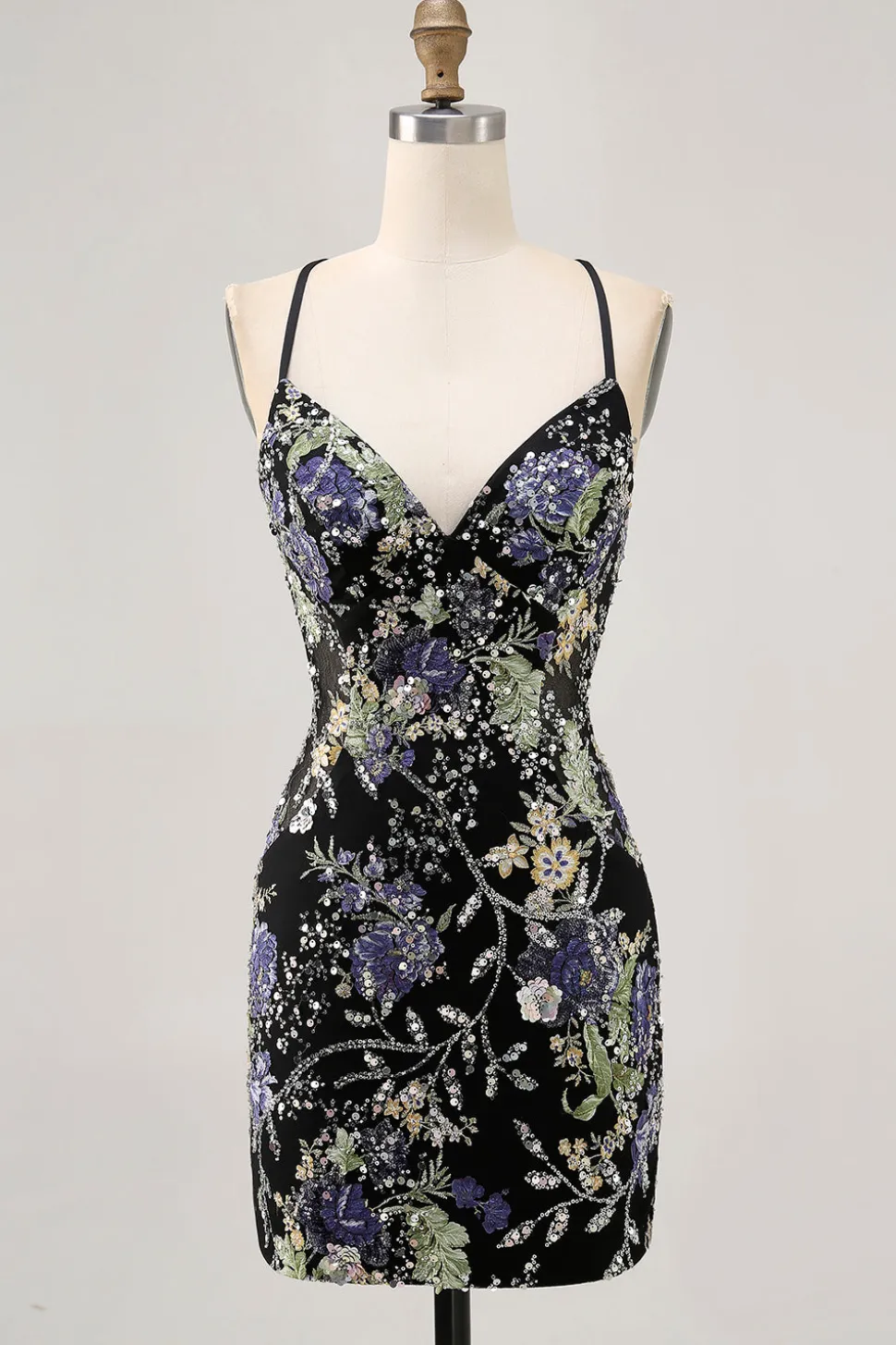 Preto Bodycon Vestido Curto Floral Homecoming com Sequins