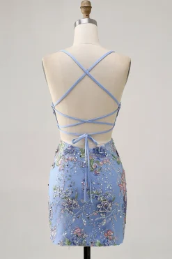 Preto Bodycon Vestido Curto Floral Homecoming com Sequins