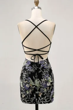Preto Bodycon Vestido Curto Floral Homecoming com Sequins