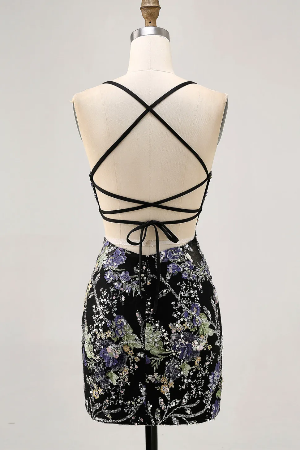 Preto Bodycon Vestido Curto Floral Homecoming com Sequins