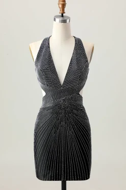 Preto Bodycon V-Neck frisado Homecoming Dress