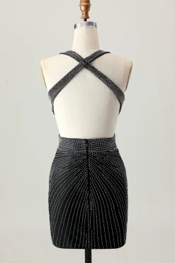 Preto Bodycon V-Neck frisado Homecoming Dress