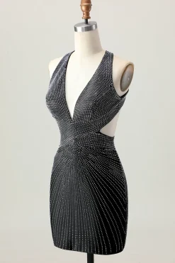 Preto Bodycon V-Neck frisado Homecoming Dress