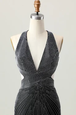Preto Bodycon V-Neck frisado Homecoming Dress