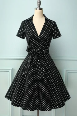 Preto Bolinhas Vestido Vintage