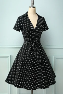 Preto Bolinhas Vestido Vintage