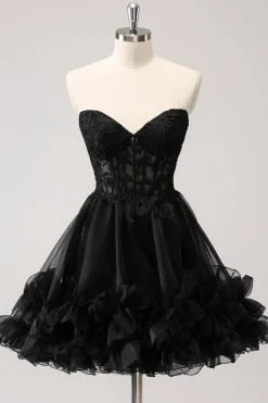 Preto bonito Uma linha espartilho sem alças babados vestido curto Homecoming