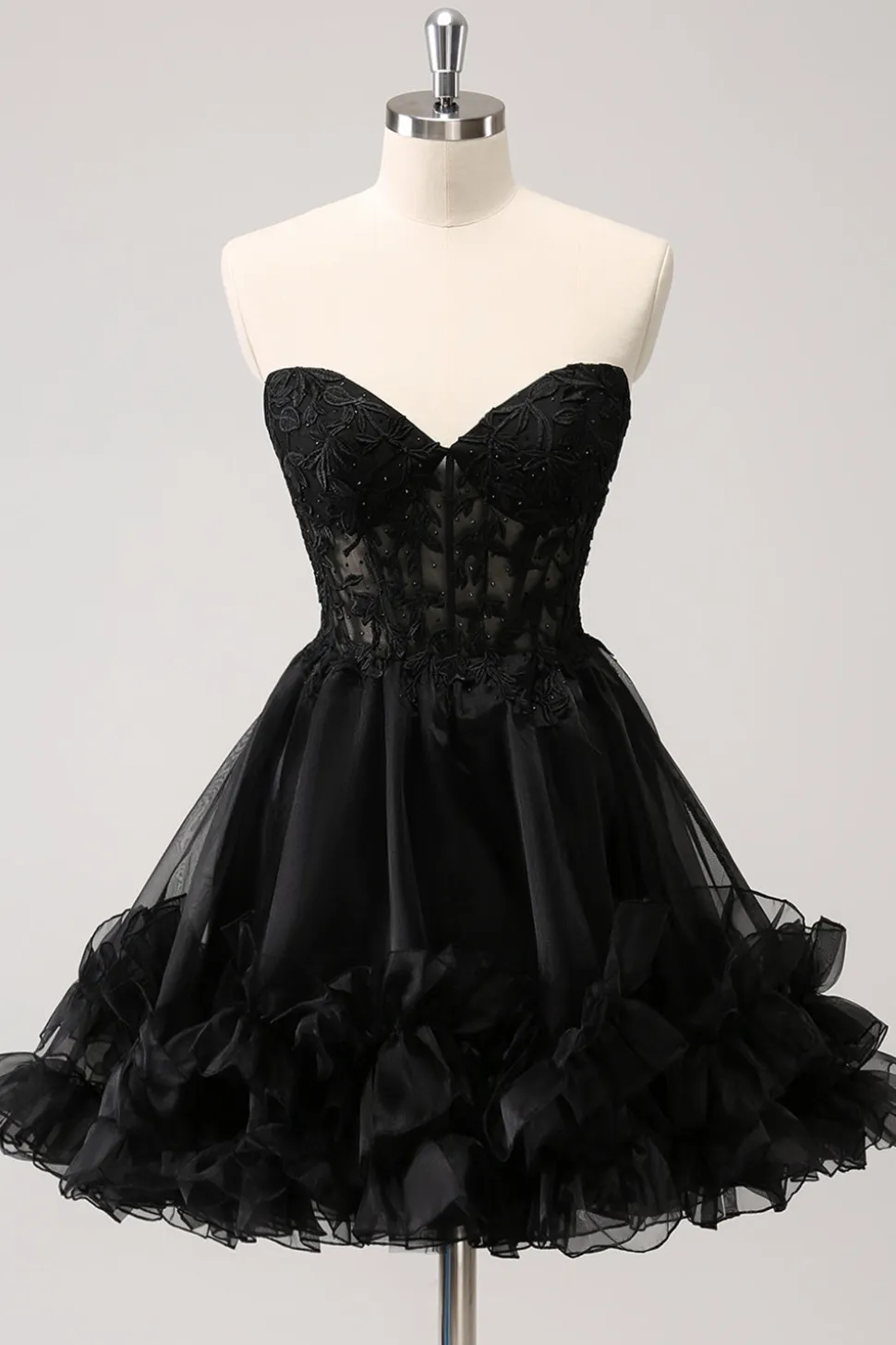 Preto bonito Uma linha espartilho sem alças babados vestido curto Homecoming