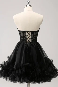 Preto bonito Uma linha espartilho sem alças babados vestido curto Homecoming