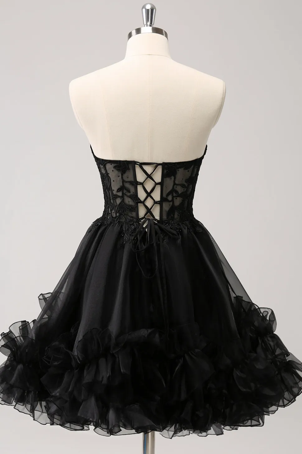 Preto bonito Uma linha espartilho sem alças babados vestido curto Homecoming