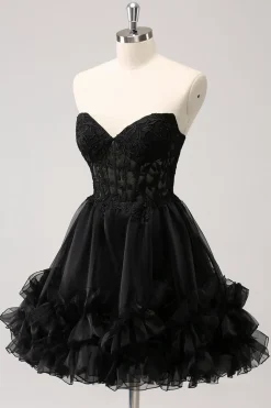 Preto bonito Uma linha espartilho sem alças babados vestido curto Homecoming