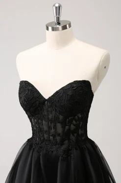 Preto bonito Uma linha espartilho sem alças babados vestido curto Homecoming