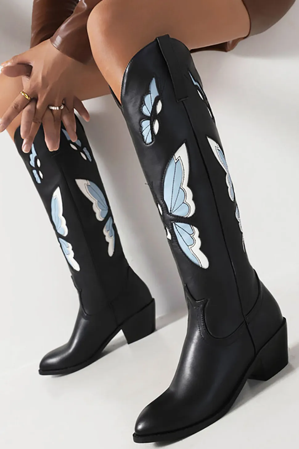 Preto Borboleta Padrão Mid Calf Chunky Heel Cowgirl Botas