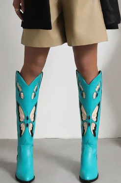 Preto Borboleta Padrão Mid Calf Chunky Heel Cowgirl Botas