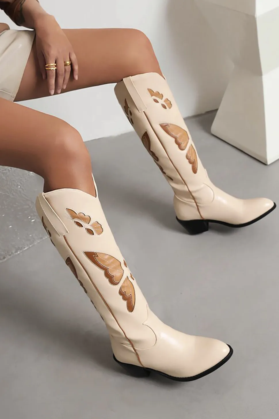 Preto Borboleta Padrão Mid Calf Chunky Heel Cowgirl Botas