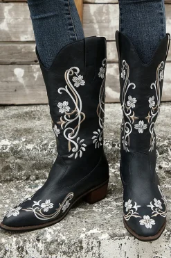 Preto Bordado Dedo Pontiagudo Salto Grosso Western Boots