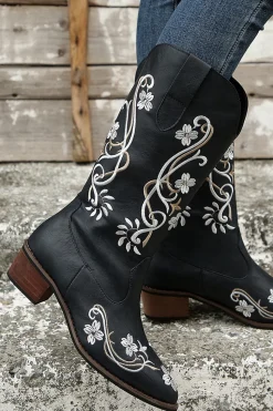 Preto Bordado Dedo Pontiagudo Salto Grosso Western Boots