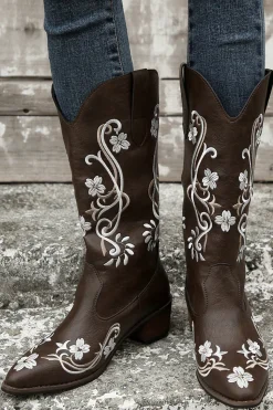 Preto Bordado Dedo Pontiagudo Salto Grosso Western Boots