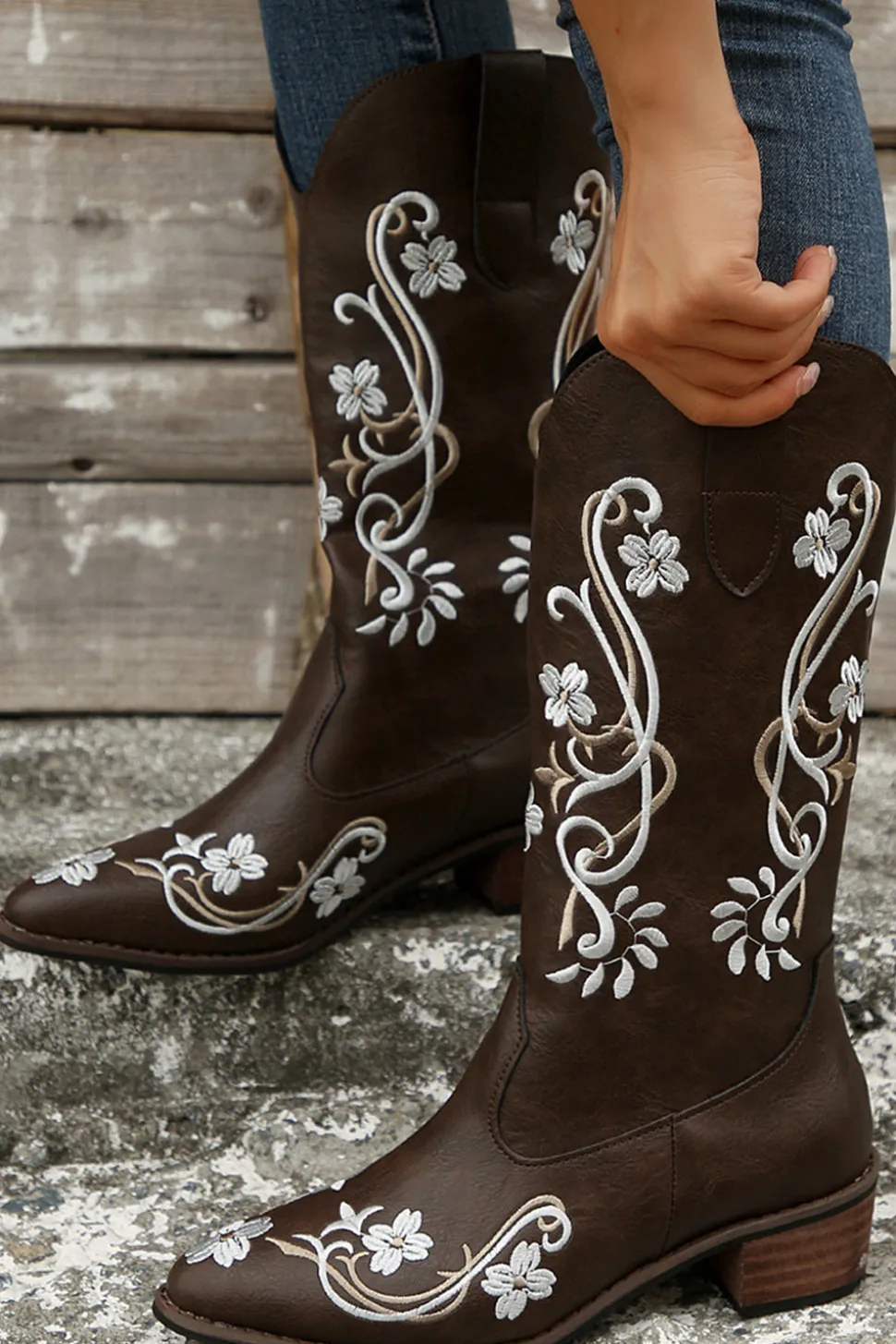 Preto Bordado Dedo Pontiagudo Salto Grosso Western Boots