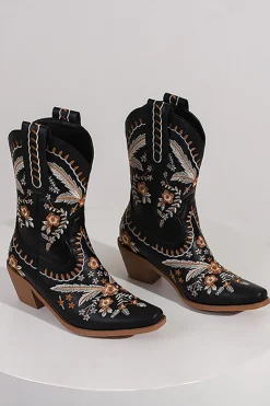 Preto Bordado Salto Chuncky Cowgirl Ankle Botas