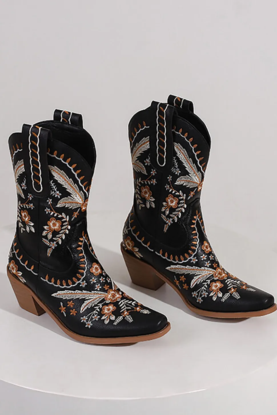 Preto Bordado Salto Chuncky Cowgirl Ankle Botas