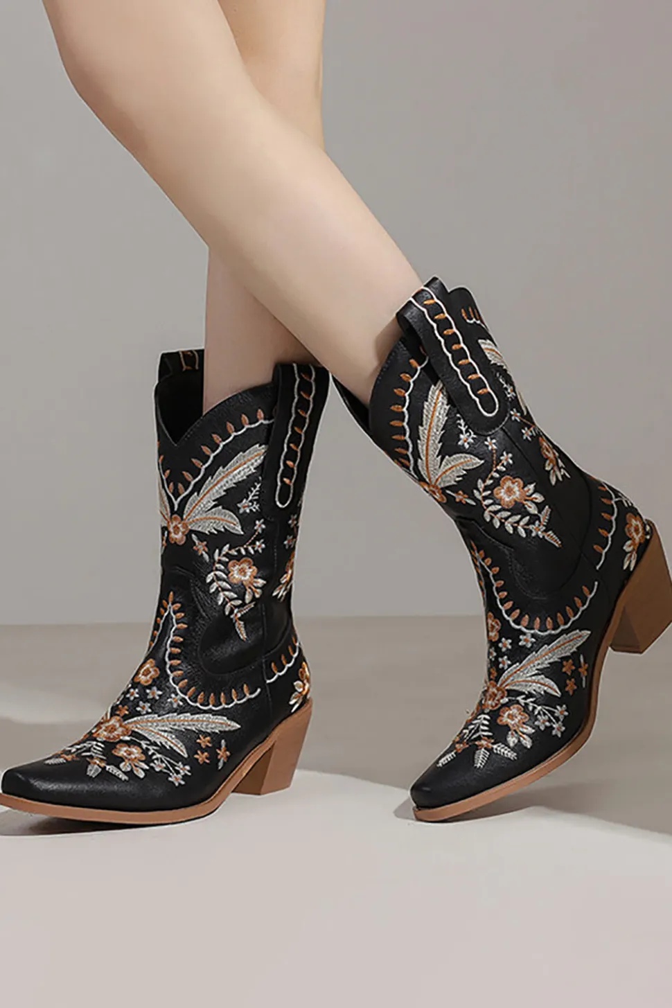 Preto Bordado Salto Chuncky Cowgirl Ankle Botas