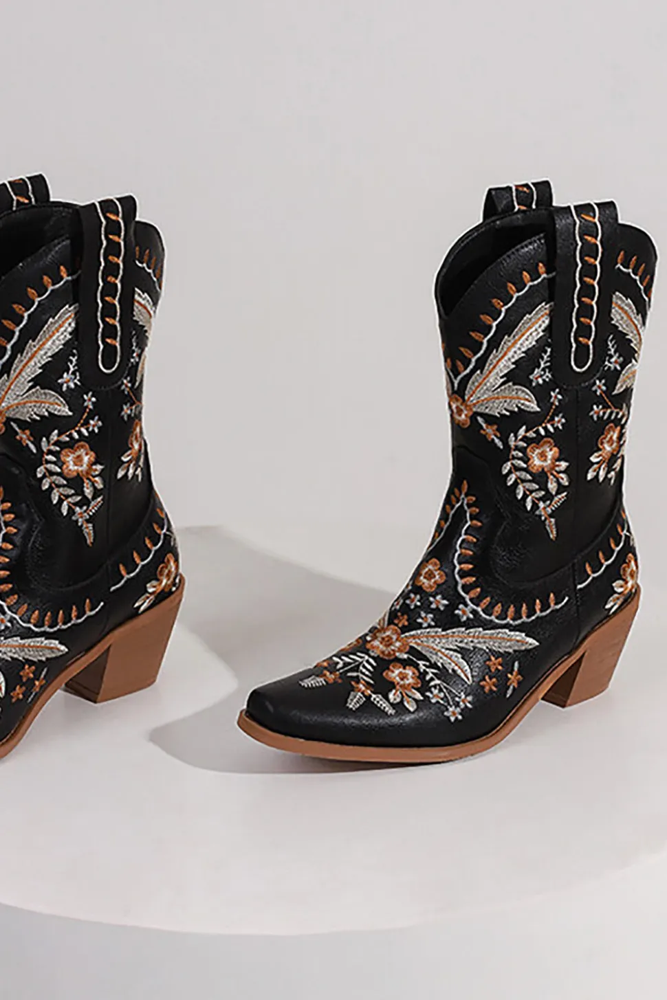 Preto Bordado Salto Chuncky Cowgirl Ankle Botas