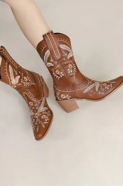 Preto Bordado Salto Chuncky Cowgirl Ankle Botas