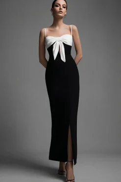 Preto branco bainha espaguete alças vestido formal com bowknot