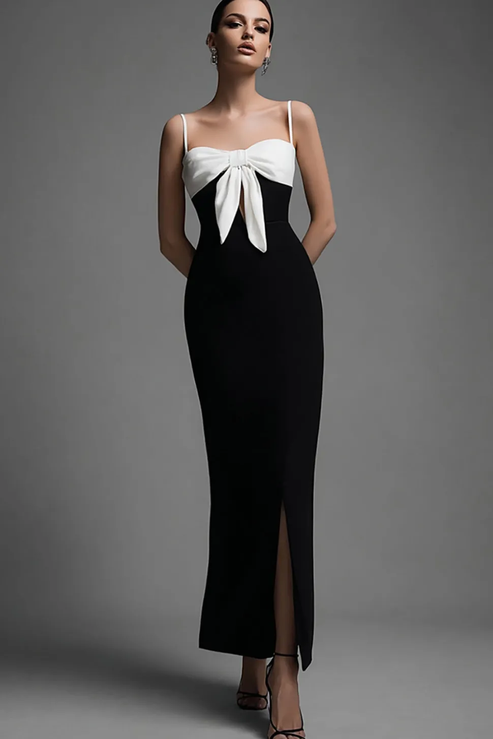 Preto branco bainha espaguete alças vestido formal com bowknot