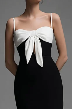 Preto branco bainha espaguete alças vestido formal com bowknot