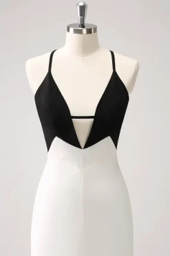 Preto branco bainha espaguete alças longo vestido de baile com divisão frontal