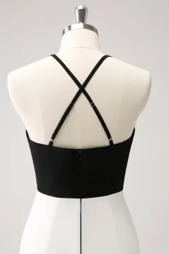 Preto branco bainha espaguete alças longo vestido de baile com divisão frontal