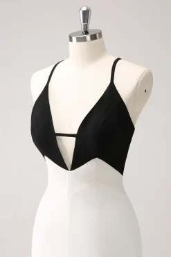Preto branco bainha espaguete alças longo vestido de baile com divisão frontal