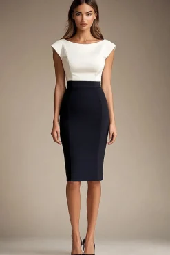 Preto Branco Bodycon Pescoço de Barco Midi Vestidos Cerimónia