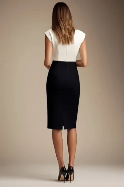 Preto Branco Bodycon Pescoço de Barco Midi Vestidos Cerimónia