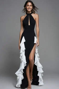 Preto Branco Cabeçada Assimétrico Plissado Vestido Cerimónia