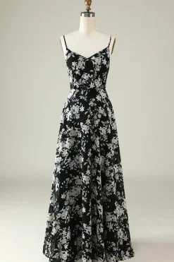 Preto Branco Flor Boho Chiffon Vestido Madrinha