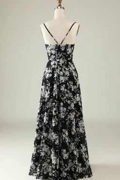 Preto Branco Flor Boho Chiffon Vestido Madrinha