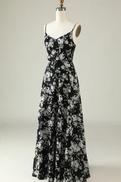 Preto Branco Flor Boho Chiffon Vestido Madrinha