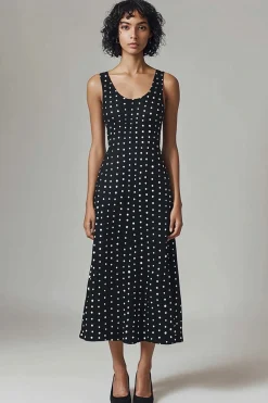 Preto Branco Pescoço Redondo Midi Vestido Verão