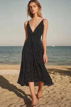 Preto Branco Pontos Decote em V Chiffon Midi Vestido de verão