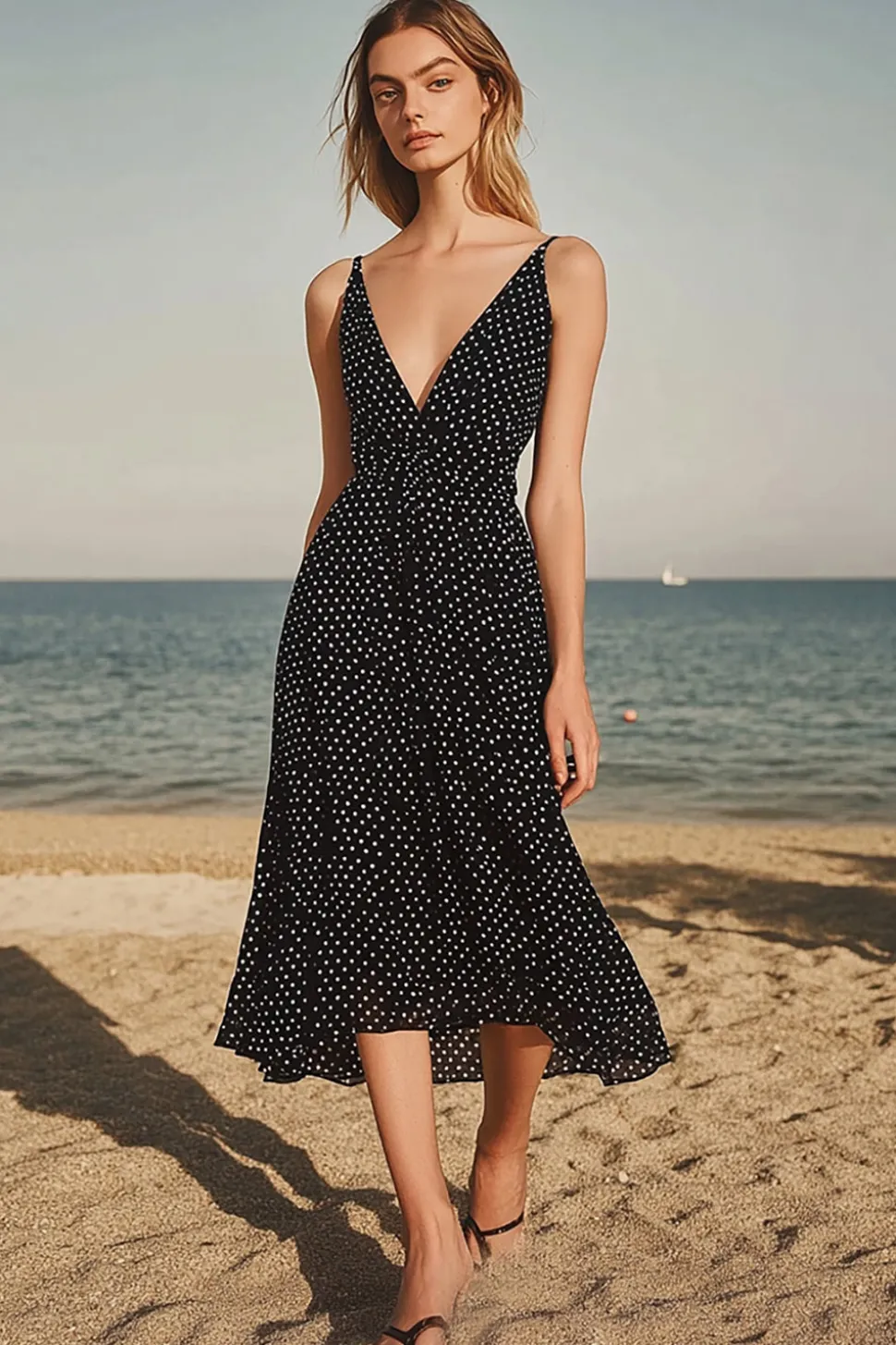 Preto Branco Pontos Decote em V Chiffon Midi Vestido de verão