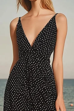 Preto Branco Pontos Decote em V Chiffon Midi Vestido de verão