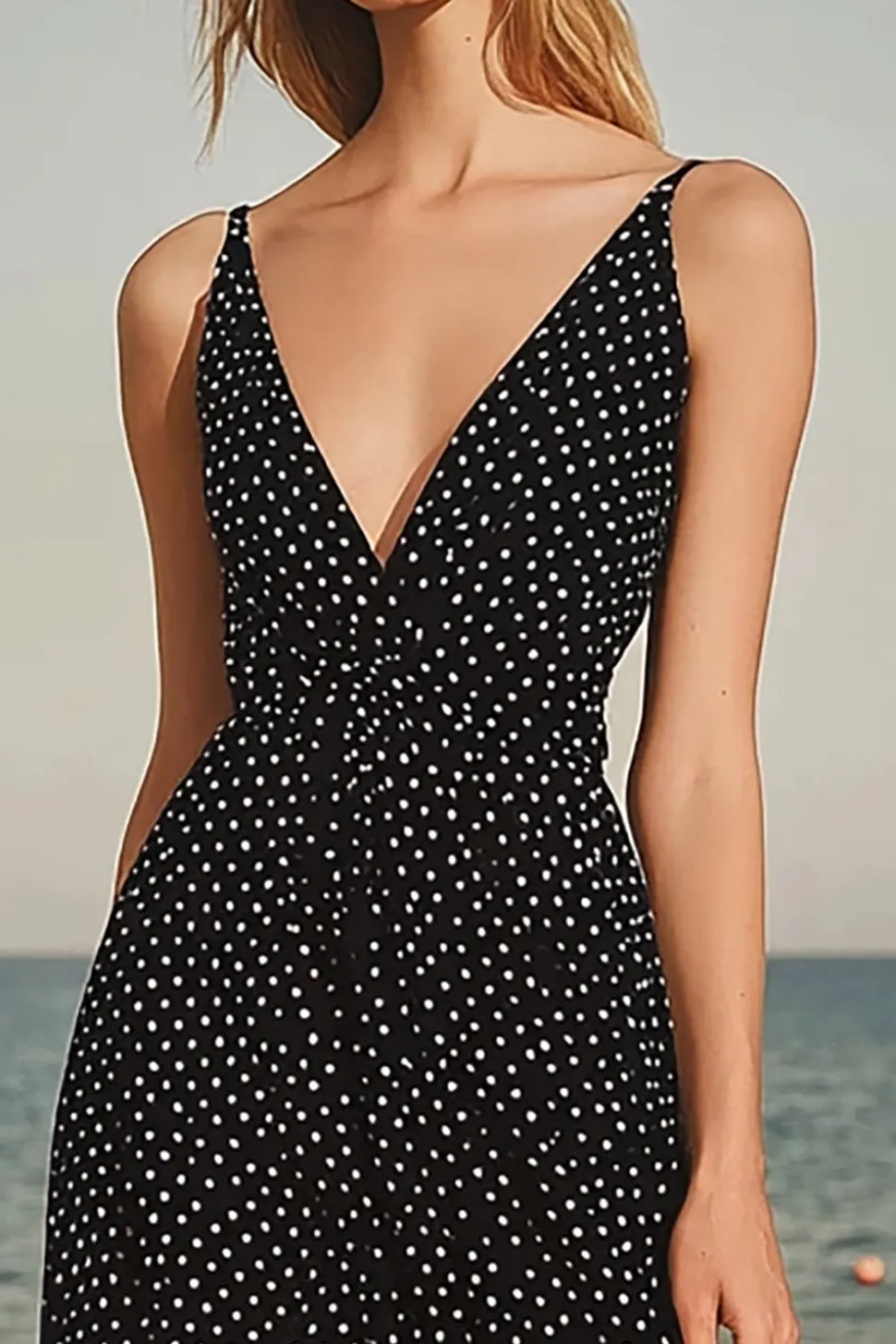 Preto Branco Pontos Decote em V Chiffon Midi Vestido de verão