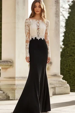Preto Branco Sereia Renda Mangas Longas Mãe do Vestido da Noiva