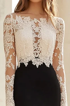 Preto Branco Sereia Renda Mangas Longas Mãe do Vestido da Noiva