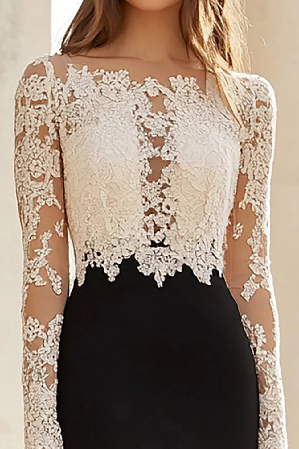 Preto Branco Sereia Renda Mangas Longas Mãe do Vestido da Noiva
