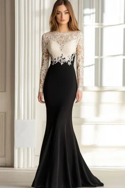 Preto Branco Sereia Renda Top Mangas Longas Scoop Cetim Long Mãe do Vestido da Noiva