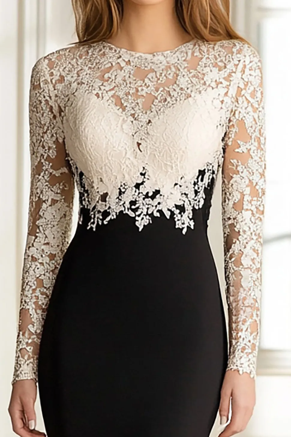 Preto Branco Sereia Renda Top Mangas Longas Scoop Cetim Long Mãe do Vestido da Noiva